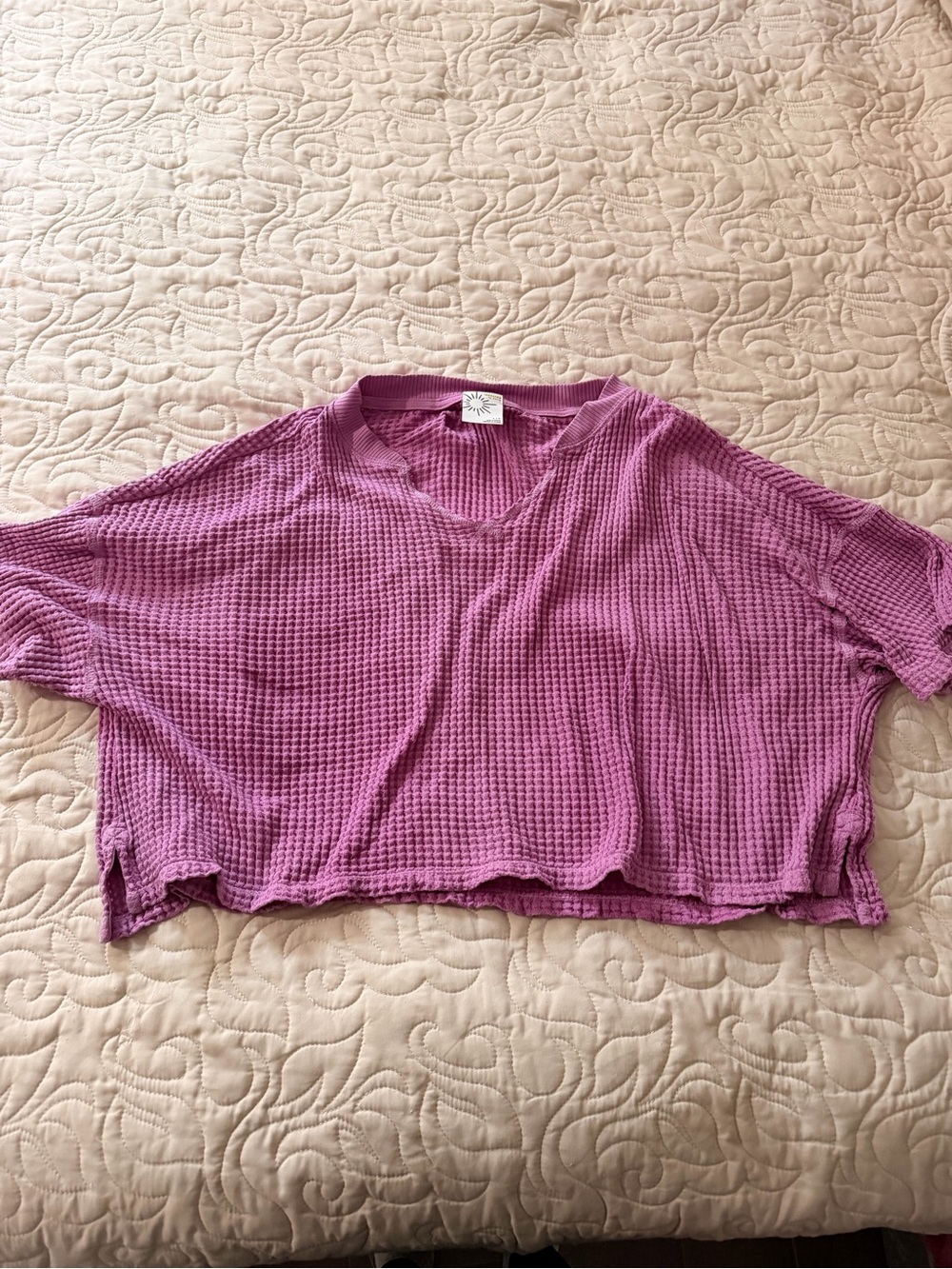 OFFLINE By Aerie Wow! Waffle V Neck Cropped Relaxed Short Sleeve T-Shirt Large